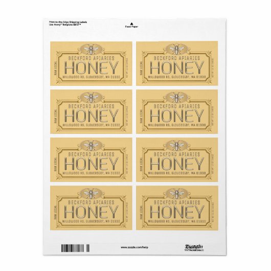 Metaalgoud 3D-omhuld honingetiket met bijen Etiket (Full Sheet)