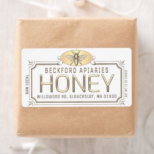 Metaalgoud 3D-omhuld honingetiket met bijen Etiket (Insitu)