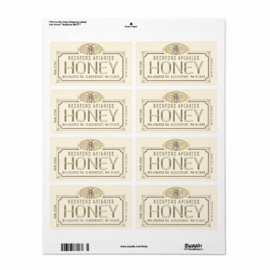 Metaalgoud 3D-omhuld honingetiket met bijen Etiket (Full Sheet)