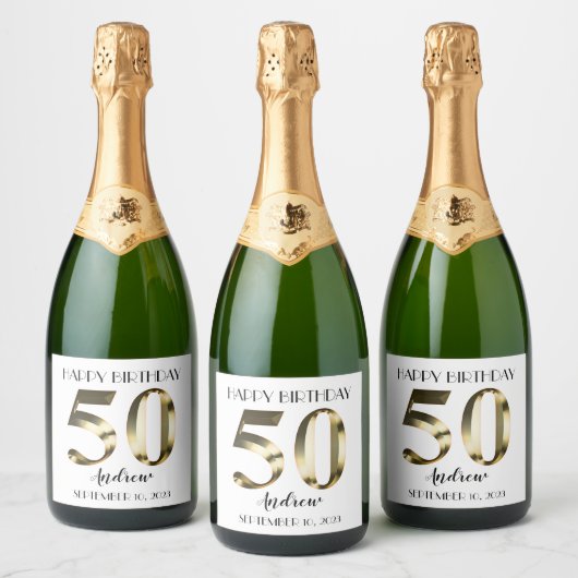 Metaalgoud 50th Happy Birthday Sparkling Wijnetiket (Flessen)