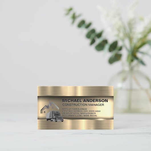 Metaalgoud | Bouw Vrachtwagen en huis Visitekaartje (Staand voorkant)
