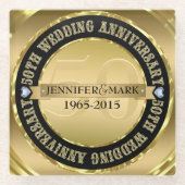 Metaalgoud en 2 harten 50e Jubileum 2 Glazen Onderzetter (Voorkant)