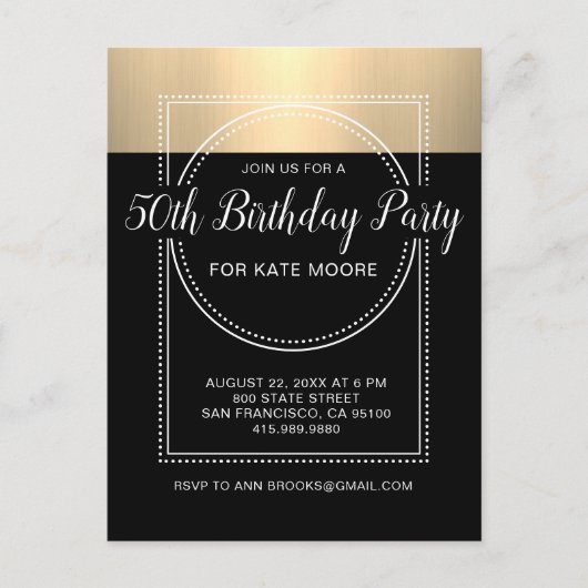 Metaalgoud op zwarte 50e verjaardag uitnodiging briefkaart (Voorkant)