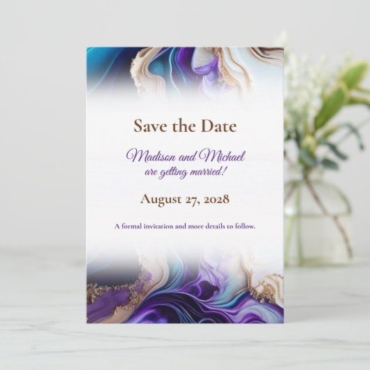 Metaalgoud, Paarse, Blauw, Aqua Save The Date (Staand voorkant)