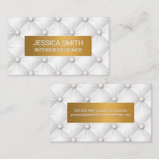 metaalgoud | Witte bekleding lederen vulling Visitekaartje (Voorkant / Achterkant)