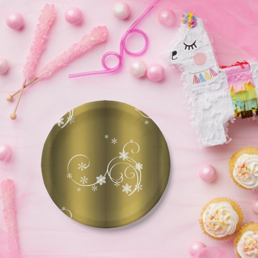 Metaalgoud, witte zwitjes kerstmis papieren bordje (Feest)
