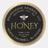 Metaalgoudhoning op zwart met bijen en rand ronde sticker (Voorkant)