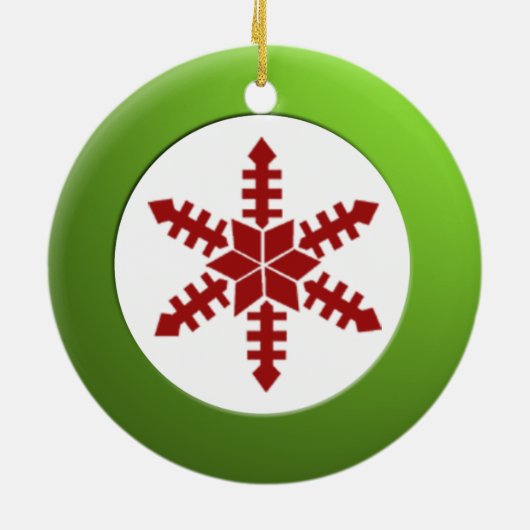 Metaalgroene cirkel en rode sneeuwvlok keramisch ornament (Achterkant)