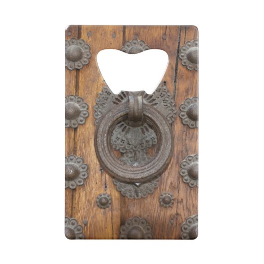 Metaalknop op oude houten deur creditkaart flessenopener (Achterkant)