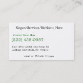 Metaalrecycling van schroot en vuilnisophaling visitekaartje (Achterkant)