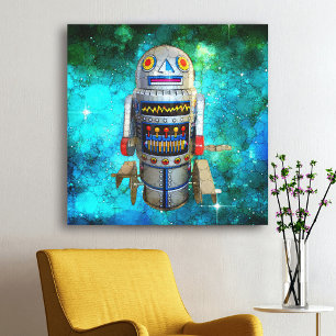 Metaalrobot in blauw melkwegstelsel, schattige  re canvas afdruk