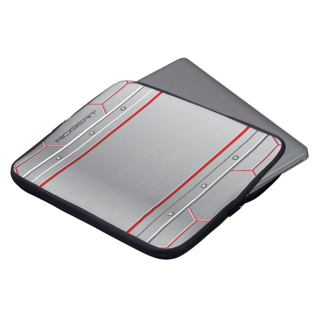 Metaalzilver geometrisch vormgegeven rood accent laptop sleeve (Voorkant top)