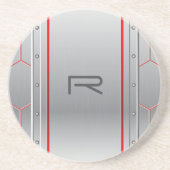 Metaalzilver geometrisch vormgegeven rood accent zandsteen onderzetter (Voorkant)