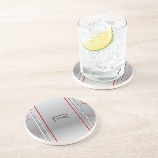 Metaalzilver geometrisch vormgegeven rood accent zandsteen onderzetter (Zijkant)