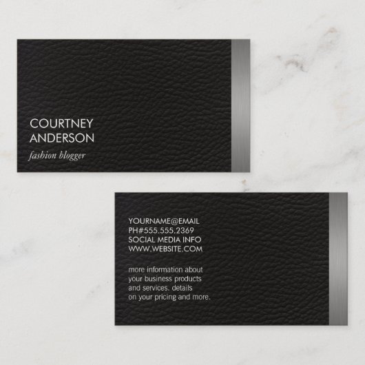 Metaalzilvertrim en leder visitekaartje (Voorkant / Achterkant)