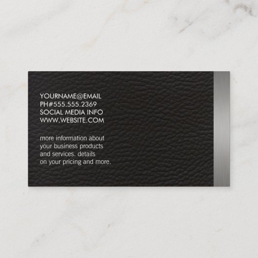 Metaalzilvertrim en leder visitekaartje (Achterkant)