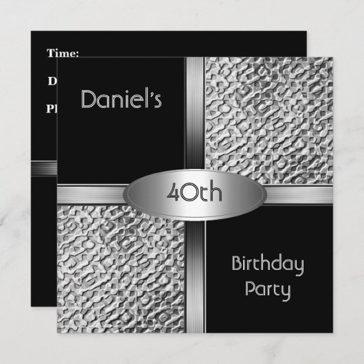 Metal Black White Silver 40th Birthday Party Manne Kaart (Voorkant / Achterkant)