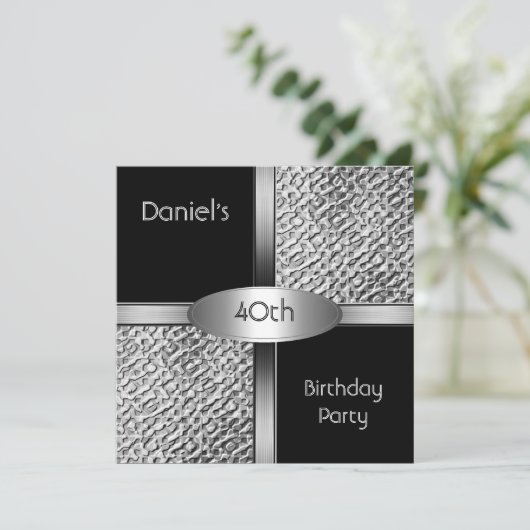 Metal Black White Silver 40th Birthday Party Manne Kaart (Staand voorkant)