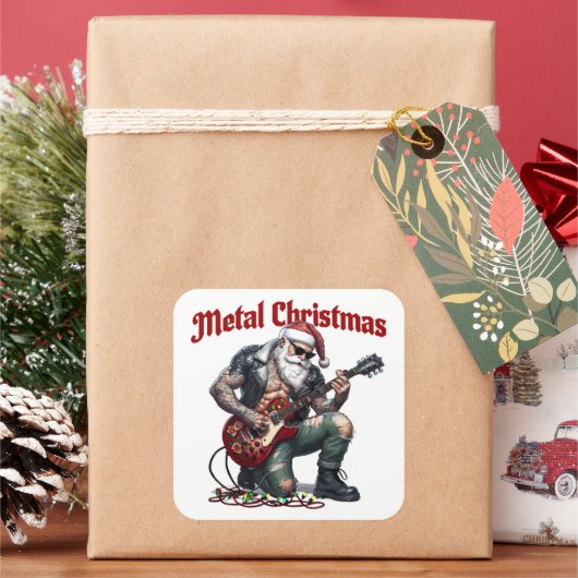 Metal Christmas Tattooed Santa Playing Guitar Vierkante Sticker (Feestdagen)