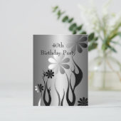 Metal Chrome Black White Style Silver 40th Floral Kaart (Staand voorkant)
