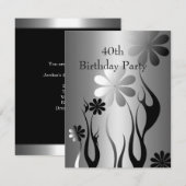 Metal Chrome Black White Style Silver 40th Floral Kaart (Voorkant / Achterkant)