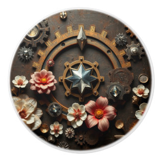 Metal Gears, Pink Flowers, Steampunk Themed Keramische Knop