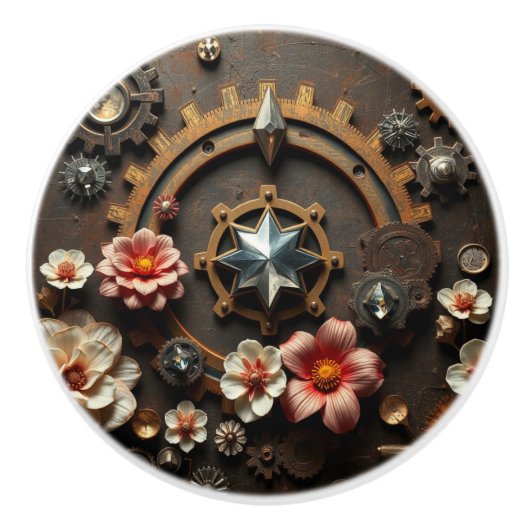 Metal Gears, Pink Flowers, Steampunk Themed Keramische Knop (Voorkant)