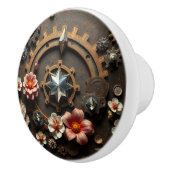 Metal Gears, Pink Flowers, Steampunk Themed Keramische Knop (Rechts)