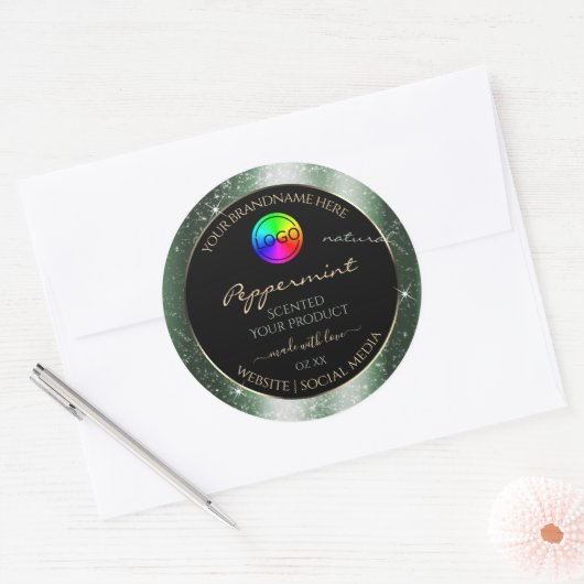 Metal Green Glitter Lijst Productlabel met Logo Ronde Sticker (Envelop)