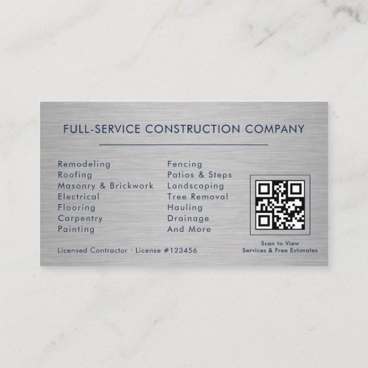 Metal Handyman Construction Navy Blue Gold QR Code Visitekaartje (Achterkant)