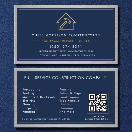 Metal Handyman Navy Blue Gold QR Code  Visitekaartje