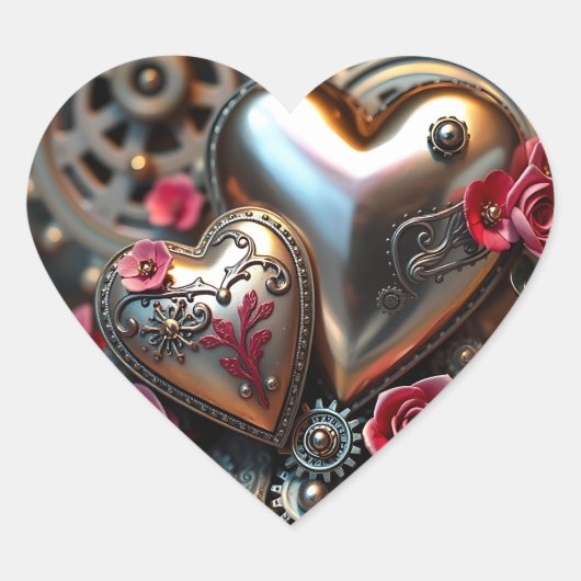 Metal Hearts en roze bloemen Steampunk Hart Sticker (Voorkant)