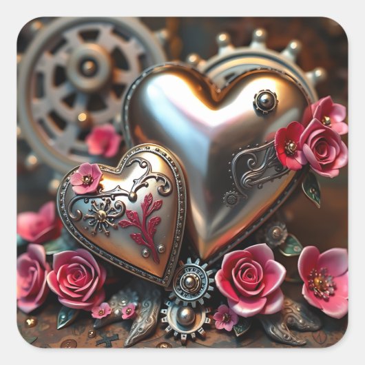 Metal Hearts en roze bloemen Steampunk Vierkante Sticker (Voorkant)