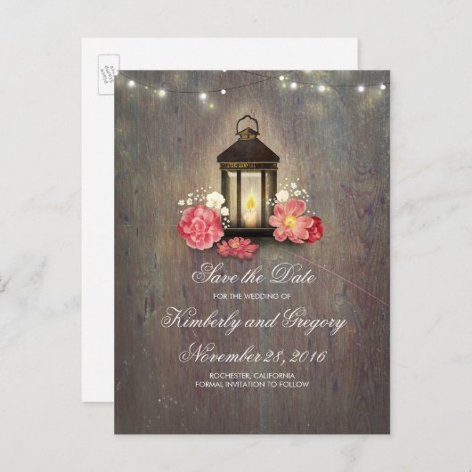 Metal Lantern Rustic String Lights Save the Date Aankondigingskaart (Voorkant / Achterkant)