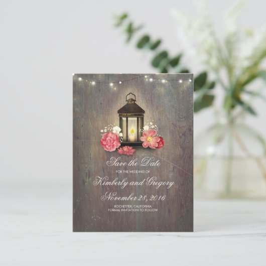 Metal Lantern Rustic String Lights Save the Date Aankondigingskaart (Staand voorkant)