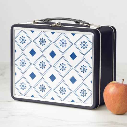 Metal lunchbox with a navy blue frame  (In situ)