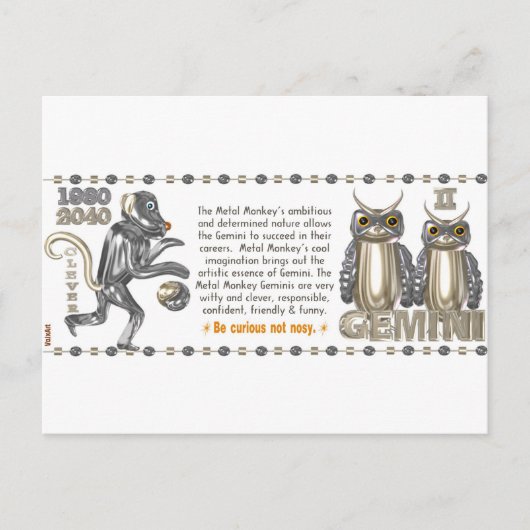 Metal Monkey zodiac, geboren in Gemini 1980 Briefkaart (Voorkant)