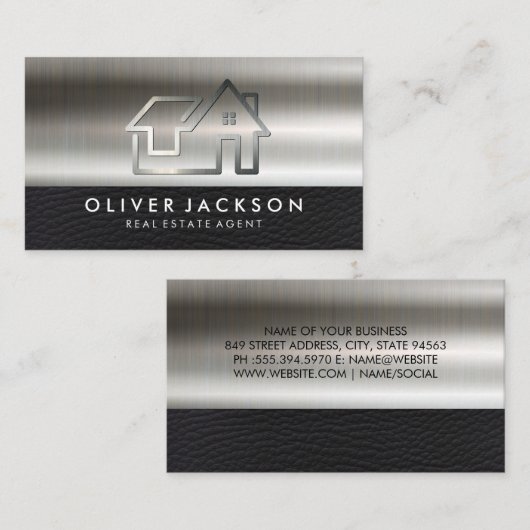 Metal Real Estate Home-pictogram | Metallic leer Visitekaartje (Voorkant / Achterkant)