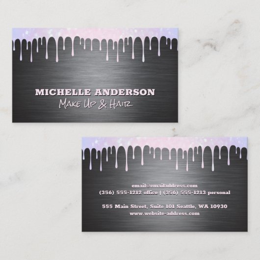 Metal Silver Brushed | Bokeh Sparkle Drip Visitekaartje (Voorkant / Achterkant)