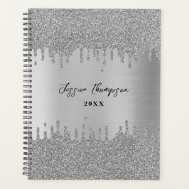 Metal Silver Grey Glitter Drift Signature Script Planner