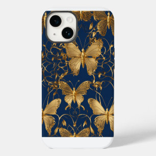Metalblauwe Vlinders met Gouden Wijnranken iPhone 14 Hoesje