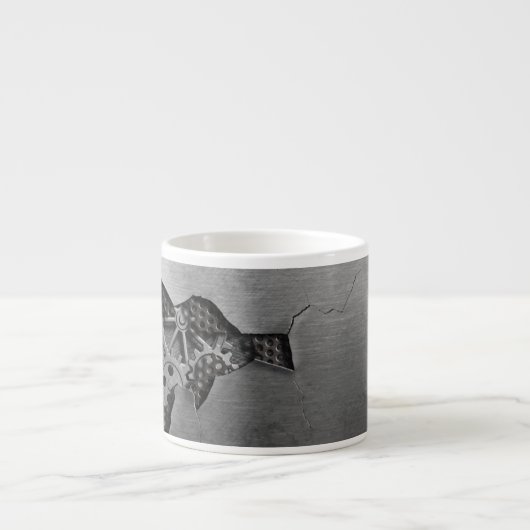 Metalen achtergrond met mechanische schade espresso kop (Voorkant)