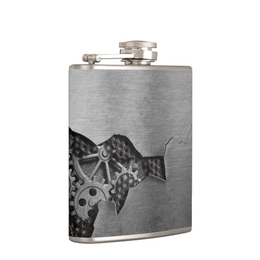 Metalen achtergrond met mechanische schade heupfles (Rechts)