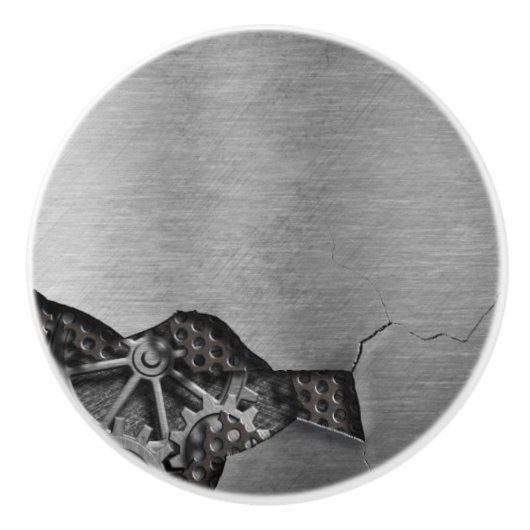 Metalen achtergrond met mechanische schade keramische knop (Voorkant)