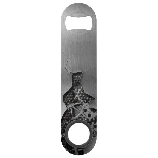 Metalen achtergrond met mechanische schade speed flessenopener (Achterkant)