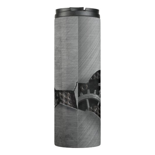 Metalen achtergrond met mechanische schade thermosbeker (Achterkant)