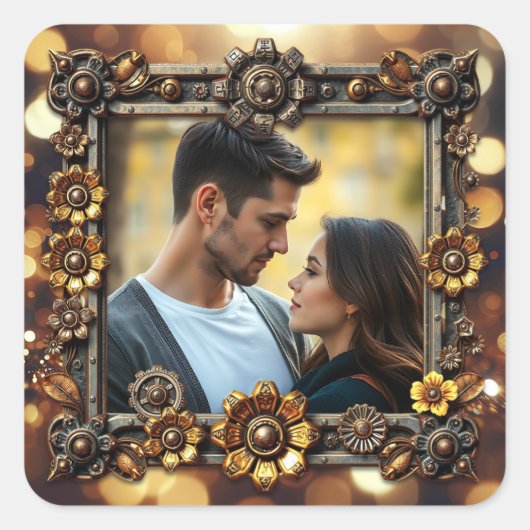 Metalen Bloemen Steampunk Gepersonaliseerde Weddin Vierkante Sticker (Voorkant)