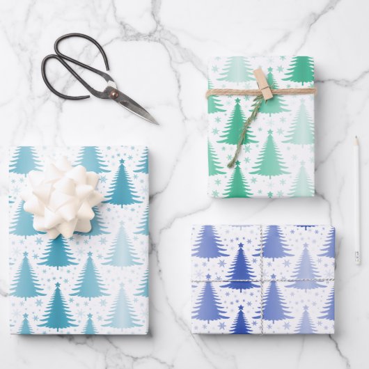 Metalen Folie Blauwe Groene dennenbomen Inpakpapier Vel (Voorkant)