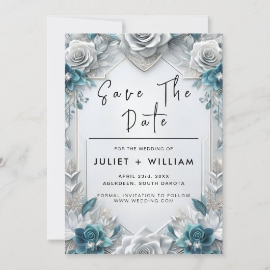 Metalen glam glanzend high-end zilveren bruiloft save the date (Voorkant)