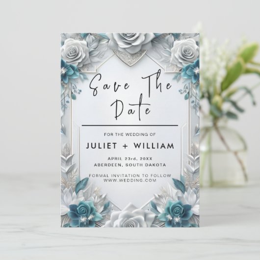 Metalen glam glanzend high-end zilveren bruiloft save the date (Staand voorkant)